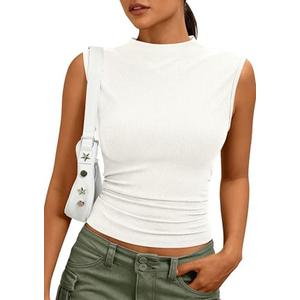 PRETTYGARDEN Sleeveless Tops for Women Ribbed Mock Neck Tank Top Slim Fitted Ruched Basic Layering Shirts 2026 Summer Clothes M