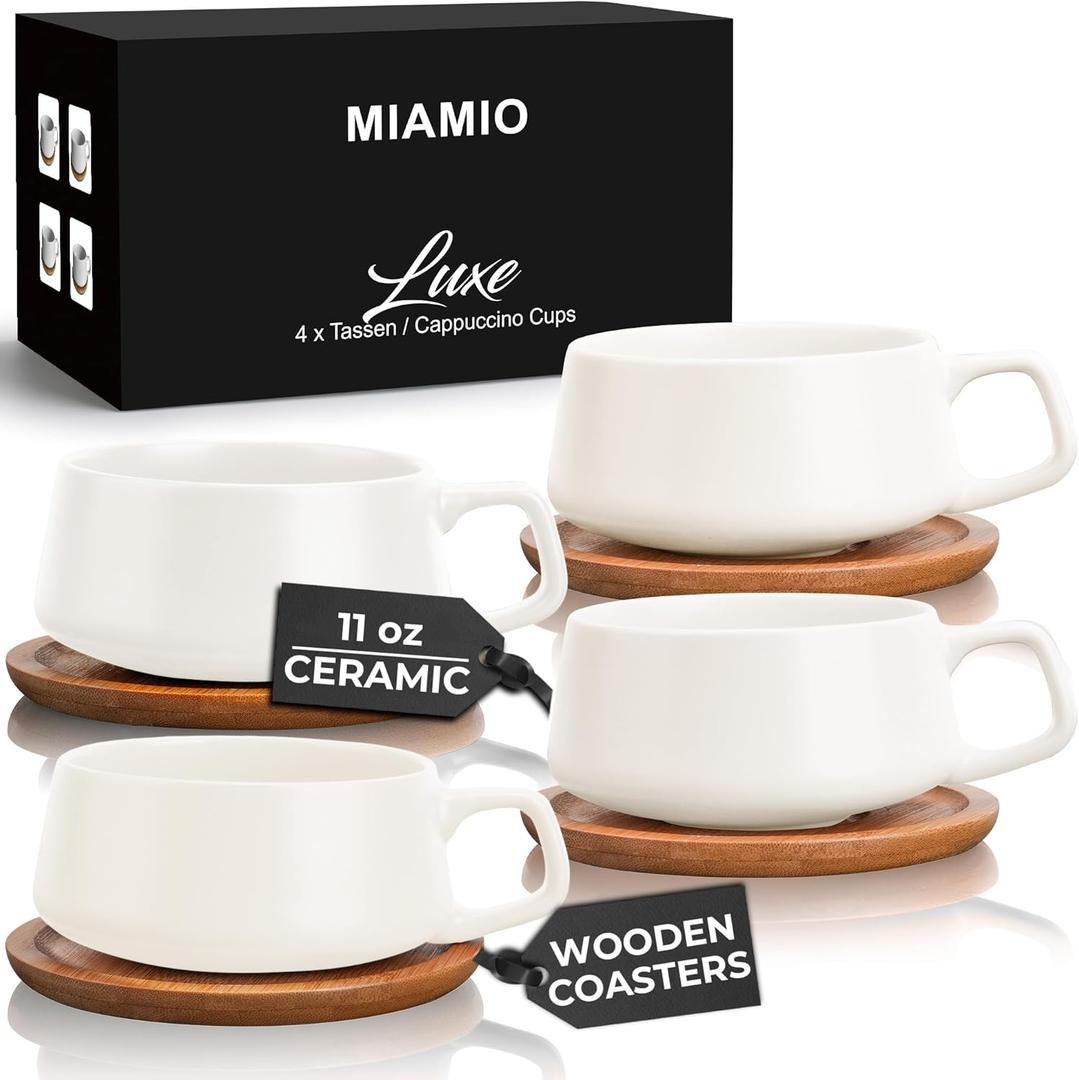MIAMIO  11 Oz., Set of 4 Ceramic Tea Cup and Saucer Bamboo/Tea Mug - Wide Cappuccino Cup, Coffee Cups Ceramic Mug for Cappuccino, Latte, Espresso & Americano - Luxe Collection (White)