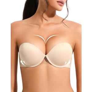 Strapless Push Up Bra with Clear Straps for Women, Thick Padded Underwire Convertible Bras Add One Cup (42B, Nude)