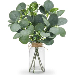 Der Rose 13.5" Fake Plants for Bathroom Decor Artificial Eucalyptus Stems in Clear Glass Vase with Faux Water for Office Desk Accessories Home Table Centerpiece DecorSage Green
