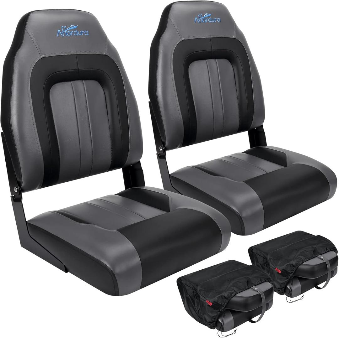Affordura Boat Seat for Boats with 2 Storage Bags High Back Folding Boat Seat Boat Fold Down Seat (2 Packs) (Black&Charcoal)