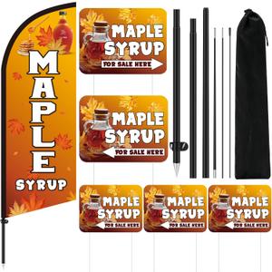 Tegeme 6 Sets 7ft Maple Syrup Advertising Flag Pole Kit Include Maple Syrup Feather Flag with Pole, 11.8 x 15.8 Inch Double-sided Yard Signs with Ground Pegs for Business Advertising Activities