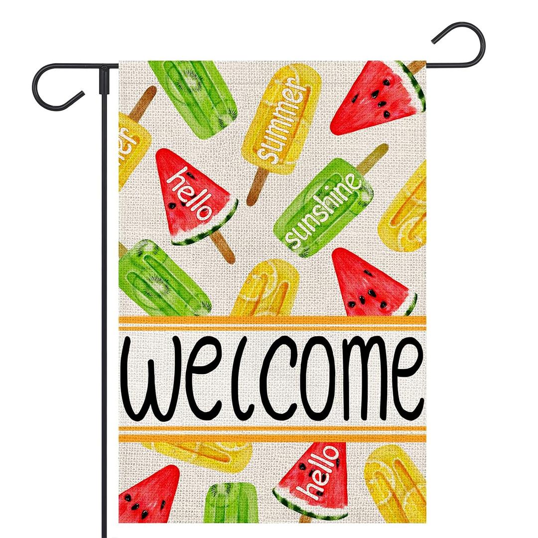 FUYUCHEN Summer House Flag 28x40 Inch Double Sided Outside Hello Sunshine Colorful Popsicles Large Burlap Flag Yard Outdoor Welcome Holiday Seasonal Decoration