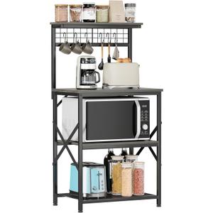 Furologee Kitchen Bakers Rack, Microwave Stand with Storage 4 Tiers, Coffee Bar Station with 6 S Hooks and Pegboard, Kitchen Shelves Rack for Spices, Pots, Black Oak