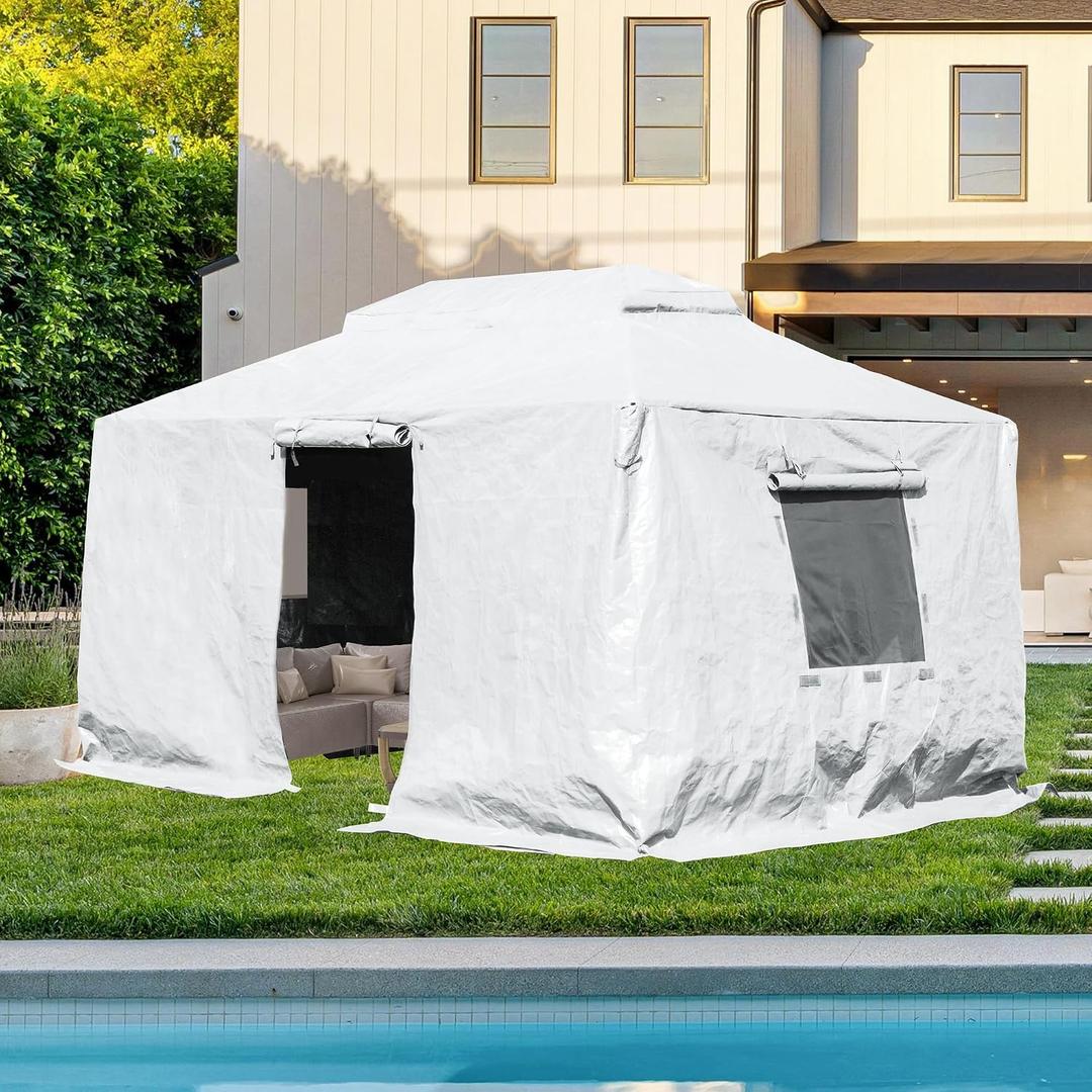 Domi 12'x14' Universal Winter Gazebo Cover - All Season Waterproof Enclosed Cover with Sidewalls and Mesh Windows, White