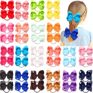 CLLOT 40Pcs 4.5 Inches Boutique Pops Hair Bows Elastic Hair Ties Grosgrain Ribbon Big Cheer Bow Ponytail Holder Rubber Hair Bands for Baby Girls In Pairs