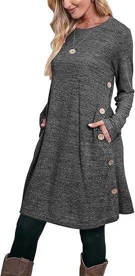 OFEEFAN Womens Long Sleeve Tunic Dres Fall Outfits with Pockets Buttons, Size XXL