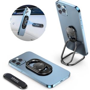 Phone Ring Holder-with Car Magnetic Phone Mount Metal Phone Ring Finger Kickstand Black Cell Phone Grip Compatible with iPhone iPad Smartphones Tablets