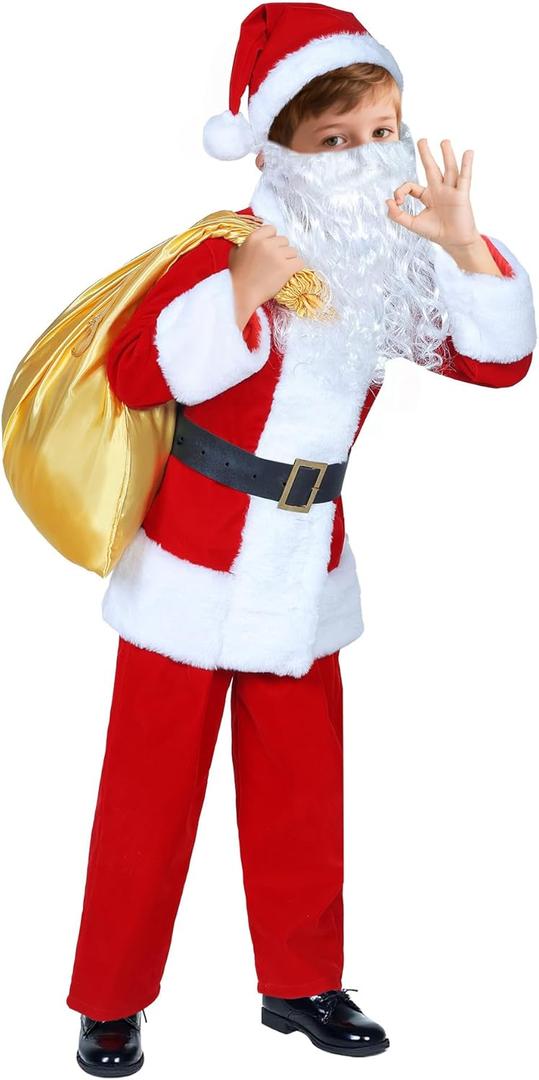 Boy Santa Suit, 5 Pcs Children's Santa Costume Kids Santa Claus Costume Outfit for Halloween Cosplay (Red Zipper), Size: 3-5 Y