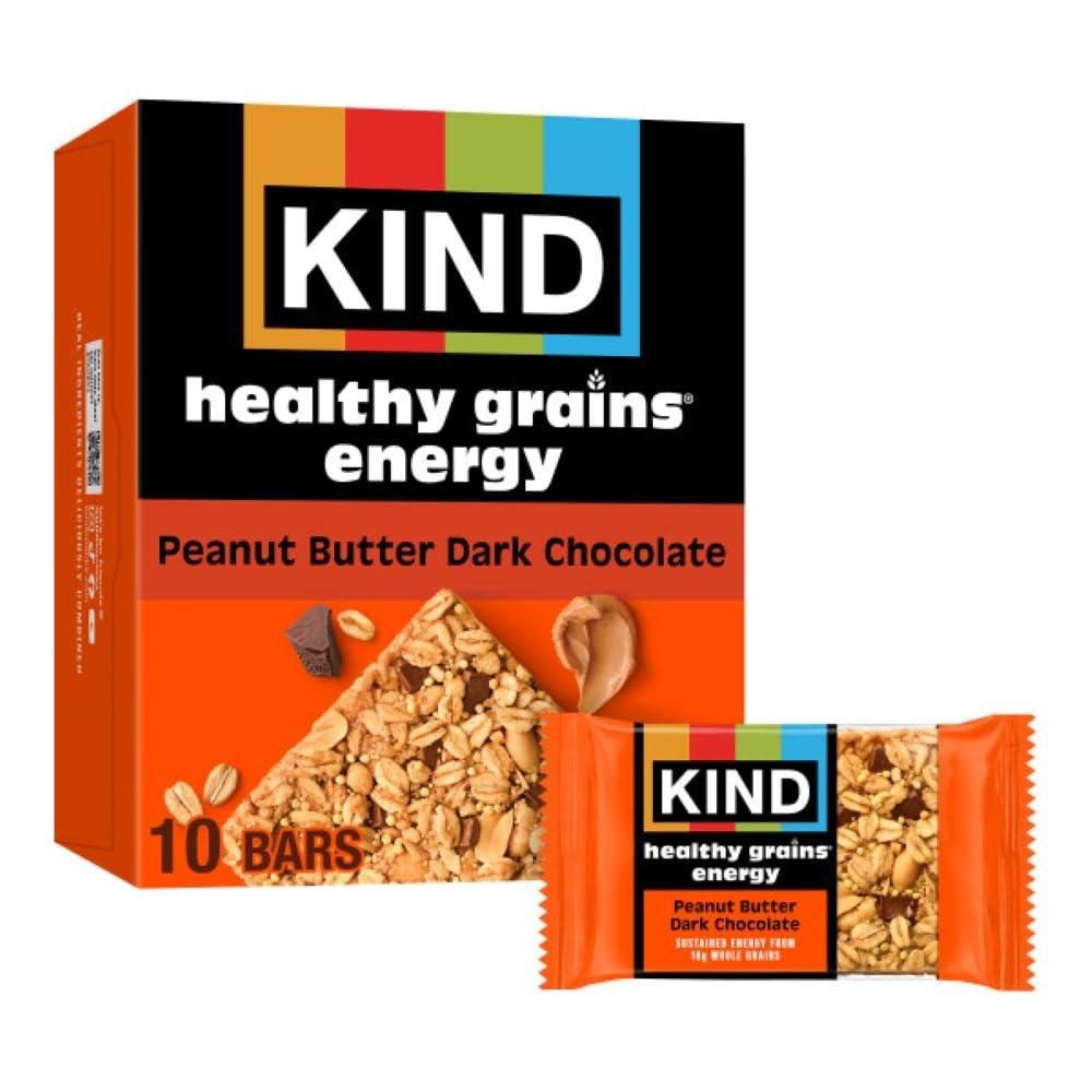 KIND Healthy Grains Energy Bars, Peanut Butter Dark Chocolate, Gluten Free, Healthy Snacks, 18g Whole Grains, 10 Count (Best By: 05/30/2026)