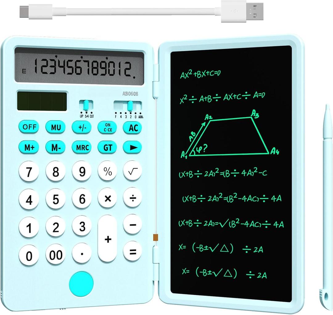 NEWYES Portable Calculator with Notepad, Basic Calculator with Writing Tablet,12 Digits Large Display Rechargeable Solar Power Desk Calculator for Primary and Middle School Students, Office (Blue)