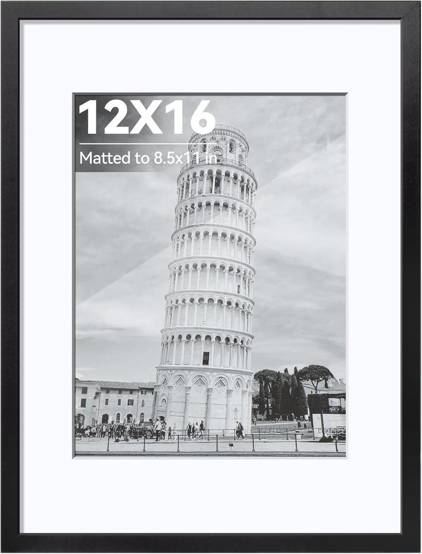 HappyHapi 12x16 Picture Frame, Black Photo Frame for 8.5x11 with Mat or 12x16 Without Mat, Wall Mount Display Picture Frames for Prints, Photos, Paintings, and Landscape, 1 Pack (12 x 16, black*1)