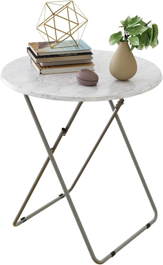 Tv Trays Folding Tray Table Dinner Tray Table Round, Snack Eating Trays Table for Living Room with No Assembly Required&Sturdy, 17.5 x 17.5 x 26 in(White Marble) 