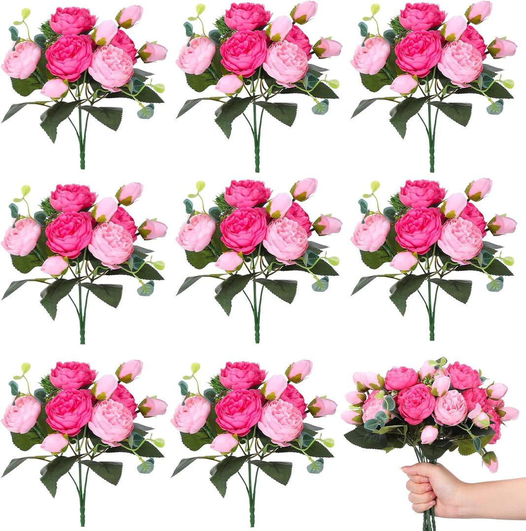 Yunsailing 8 Pack Artificial Peony Flowers Faux Silk Hydrangea Bouquet Wedding Home Table Decor Reusable Bouquet of Rose Flower for Birthday Wedding(Pink)