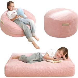 MAXYOYO Bean Bag Chair Bed for Kids, Convertible Bean Bag Folds from Lazy Chair to Floor Mattress Bed, Stuffed Floor Sofa Couch Sofa Bed for Boys and Girls, High-Density Foam Filling, Pink (Pink (Faux Fur))