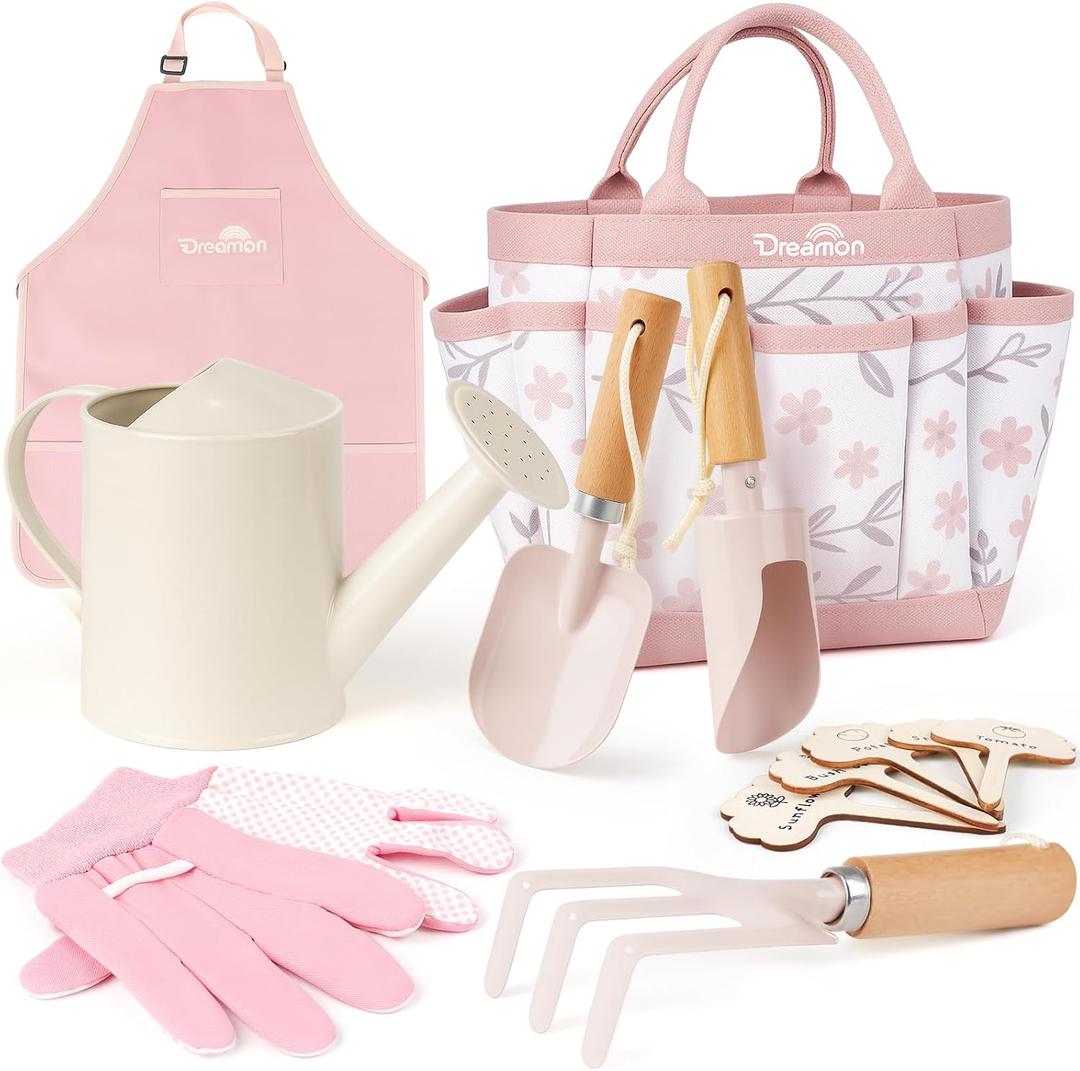 Kids Gardening Set, Gardening Tools Kit for Kids Toddler, Includes Tote Bag, Apron, Gloves, Watering Can, Shovel, Rake, Cultivator, Garden Tool Set Outdoor Toys Gifts for Boys Girls