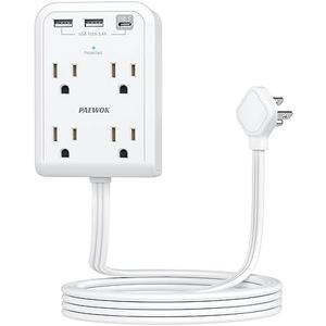 Flat Electrical Outlet Extender with USB C Ports, 4 Outlet 3 USB Wall Plug, 6 ft Thin Extension Cord, Flat Plug Power Strip Surge Protector for Home, Office. White