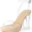ZriEy 4-Inch Platform Clear High Heels for Women Block Chunky Heeled Sandals Open Toe Ankle Strap Heels Wedding Party Evening Prom Dress Pump Sandal Shoes Size 7M