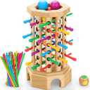 Montessori Wooden Board Game for Kids 3-6 Years - Educational Learning Toy with Colorful Sticks, Dice& Balls - Fine Motor Skills, Classic Tower Games for Family Night - Gift for Toddlers Boys Girls