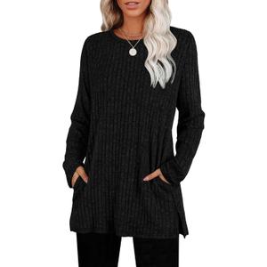 SAMPEEL Womens Sweaters Crewneck Long Sleeve Shirts with Pockets Fall Outfits 2025 Fashion Winter Clothing Side Slit (X-Large, Black)