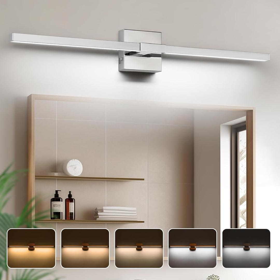 32 Inch LED Bathroom Vanity Light (5CCT, Dimmable), Chrome Bathroom Light Fixtures Over Mirror, Modern Vanity Light Bar for Bathroom 3000K/ 3500K/4000K/5000K/6000K, J0061-4-240515 (32inch)