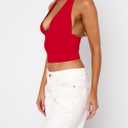 ForeFair Women Sexy Halter Deep V Neck Backless Crop Tank Top Open Back Sleeveless Slim Fit Y2k Summer Tops (Red, L)