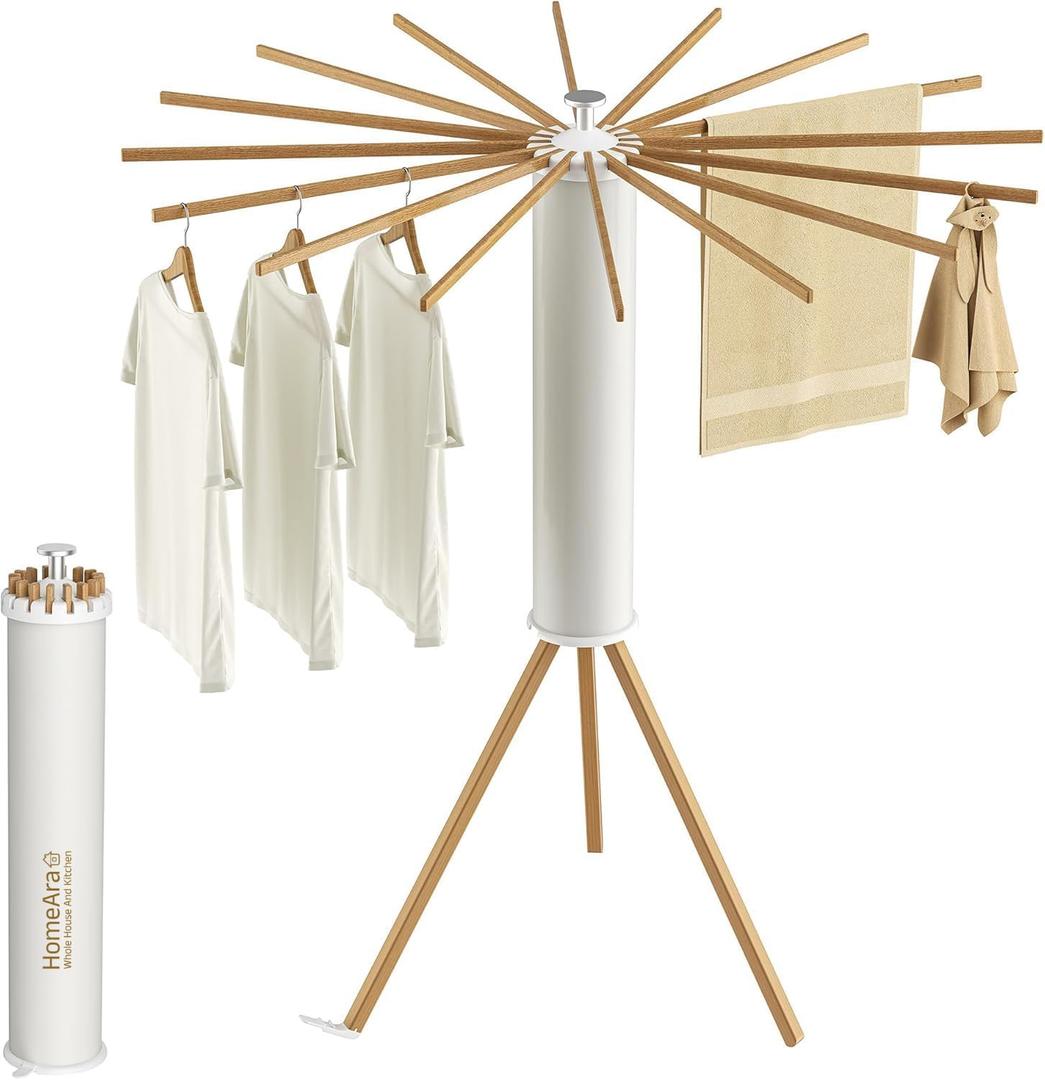HomeAra Wooden Tripod Clothes Drying Rack, Foldable Portable Garment Stand, Space Saving Laundry Drying Stand for Clothes, Indoor Outdoor Balcony Bedroom Laundry Organizer