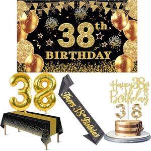 38th Birthday Decorations Men Women with 38th Birthday Banner, Black and Gold Table Cloth, Number Balloons, Large Sash, Cake Topper and Candles