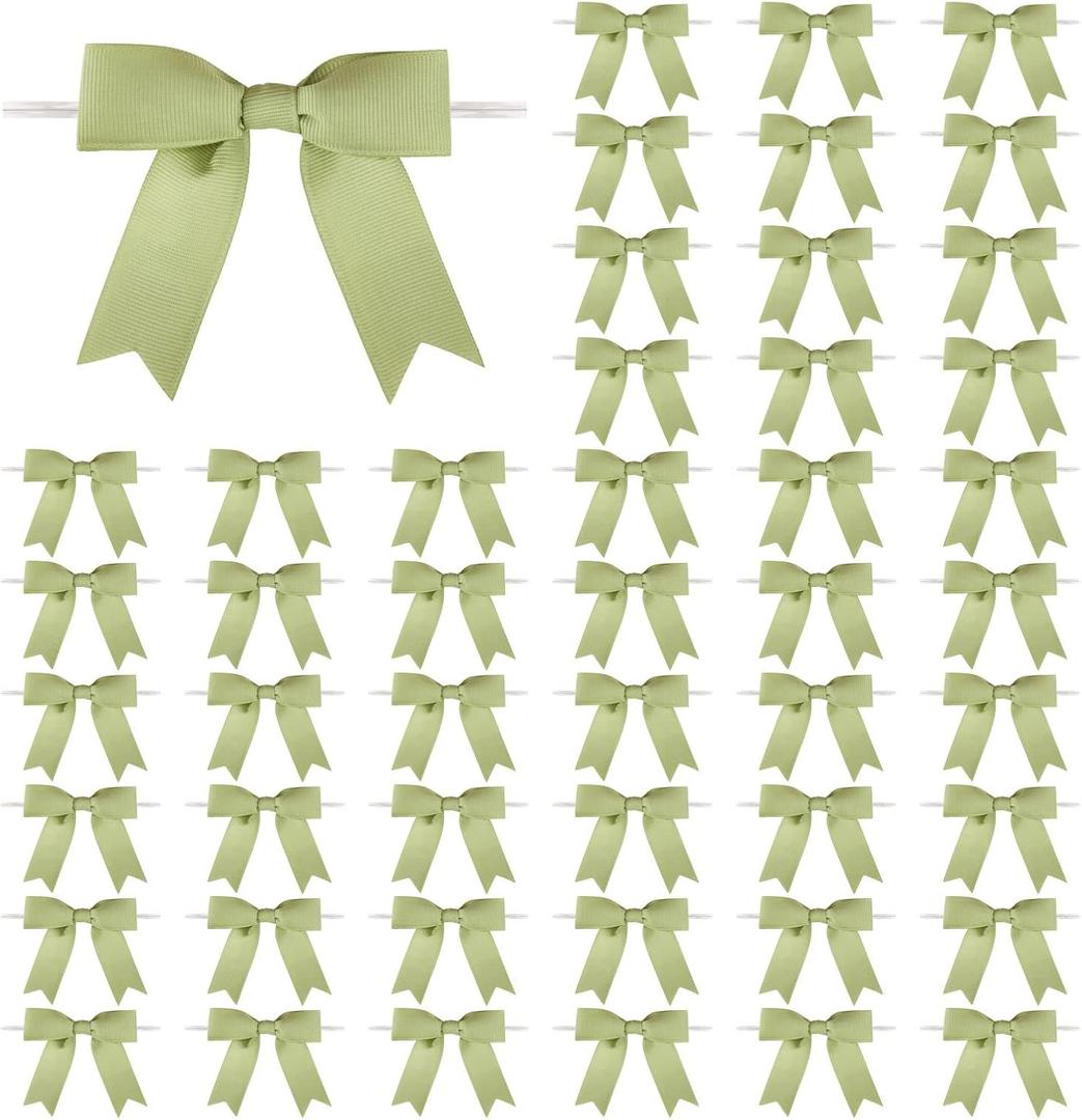 50 Pcs 3 Inches Grosgrain Ribbon Twist Tie Bows Spring Moss Pretied Premade Craft Bows for Treat Bags Gift Wrapping Basket Wedding Baby Shower Birthday Christmas Party (Spring Moss)