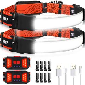 Adelante Rechargeable LED Headlamp 2 Pack, 1000LM 230° Wide Beam Head Lamp
Red rear light, USB-C charge, 4–10 hr runtime, water-resistant, power display, 8 hard hat clips for running, camping and work