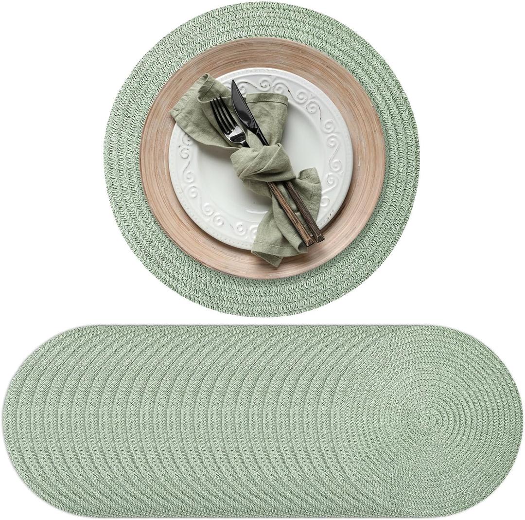 13 Inch Round Woven Placemats Set of 24 Braided Boho Place Mats Straw Non Slip Heat Resistant Mats Rustic Dinner Table Chargers for Wedding Party Home Dining Centerpiece(Sage Green)