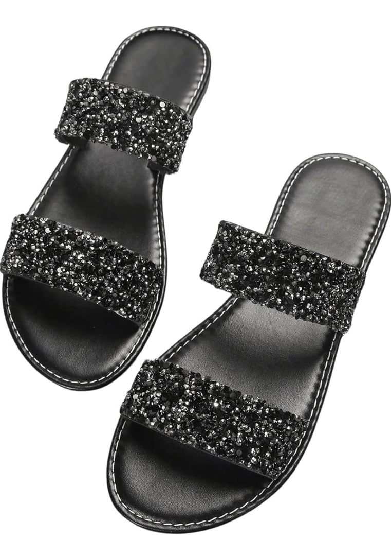 Verdusa Women's PU Leather Rhinestone Slippers Two Strap Open Toe Slip on Flat Sandals 39