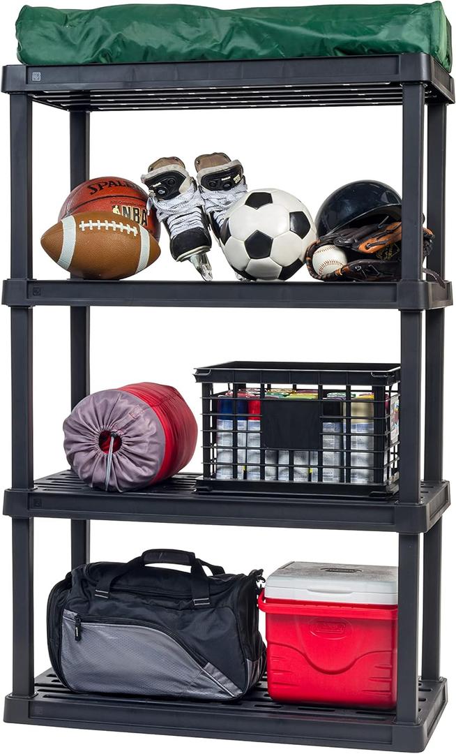 IRIS USA 4-Shelf Heavy Duty Plastic Storage Shelves, 400lb Capacity, 56"H x 36"W x 18"D, Large Modular Shelving Unit Storage Organizer for Garage, Home, Bathroom & Laundry, Storage Rack - Black (4-Tier)