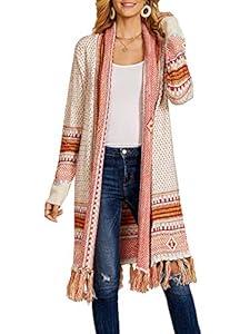Misassy Womens Boho Open Front Long Cardigans Sweater Loose Long Sleeve Embroidery Tassels Kimono Duster Outwear, Small