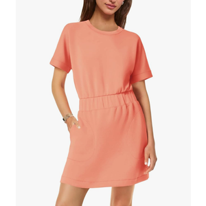 SENSERISE Womens Short Sleeve T Shirt Dresses Crew Neck Solid Color Basic Smocked Waist Dress with Pockets, Large