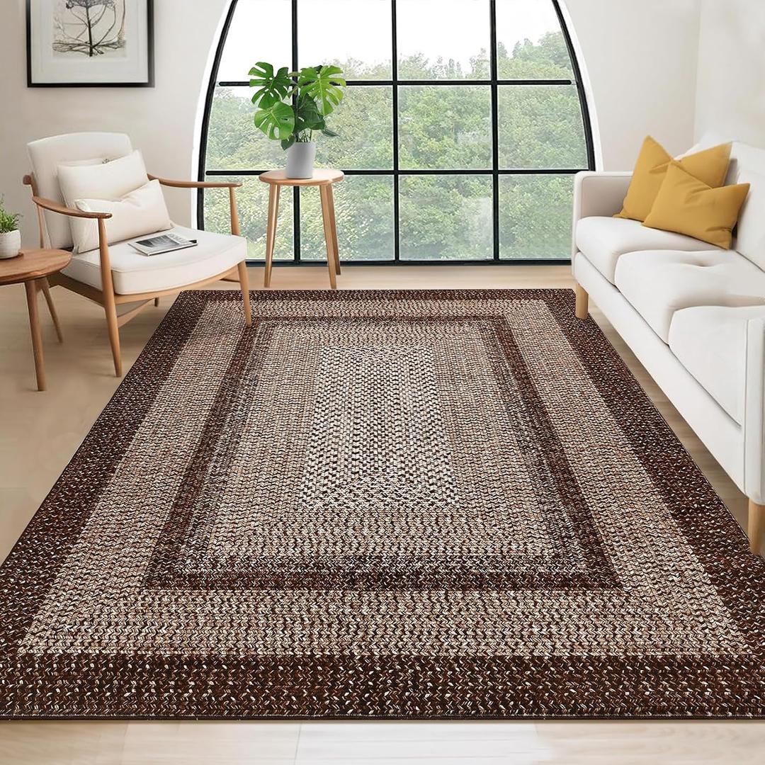 RUGSREAL Large Bedroom Rug 6x9 Machine Washable Area Rug Braided Print Boho Accent Carpet Throw Floor Cover Farmhouse Rustic Rug Geometric Bordered Braided Carpet for Living Room Home Office, Brown