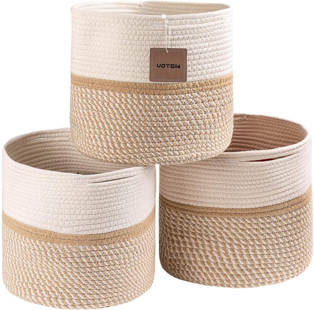 voten Cube Storage Baksets Bins 11x11 Fit 12x12 Organizer Bookcases Shelving,Stylish&Durable Woven Cotton Basket Containers for Organizing 3-Pack Off White/Mixed Camel (L11xW11xH10.7)