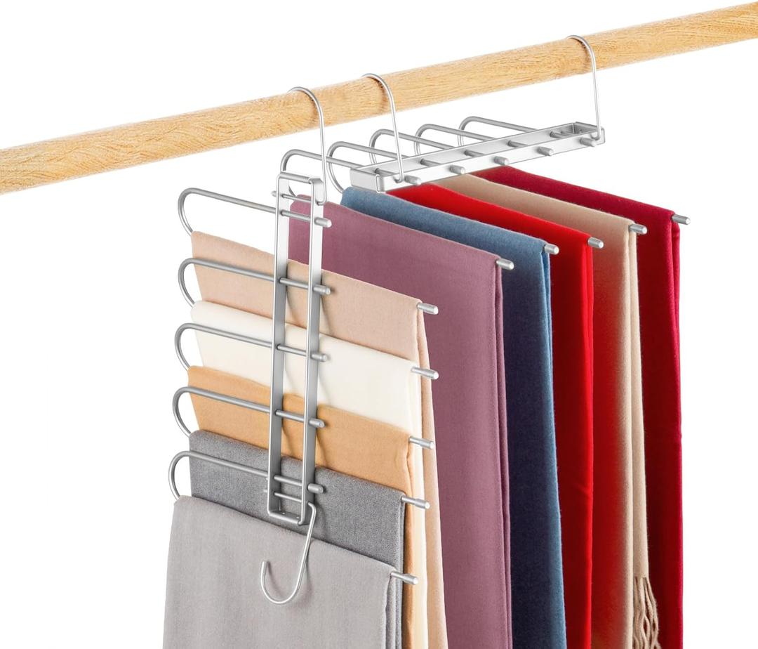Pants Hangers Space Saving,Closet Hangers 5 Layers 2 Uses Multi Functional Pants Rack,Metal Heavy Duty Wardrobe Organizer Racks for Clothes Trousers Scarves Ties (Silver)