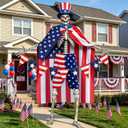 3 Pcs 12 Foot Skeleton 4th of July Outfit, USA Flag Skeleton Costume with Shorts, Tie and Banner for Independence Day Outdoor Garden Lawn Patriotic Party Decor