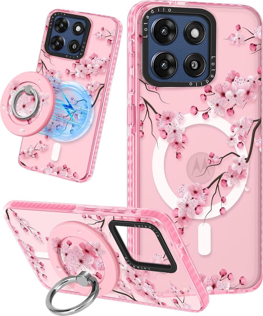 Lotadilo Cute Case for Moto G Stylus 5G 2025 for Women Girls - Funny Peach Blossom Design Compatible with Magsafe Ring Holder Magnetic Stand Kickstand Fashion TPU Phone Covers Kawaii