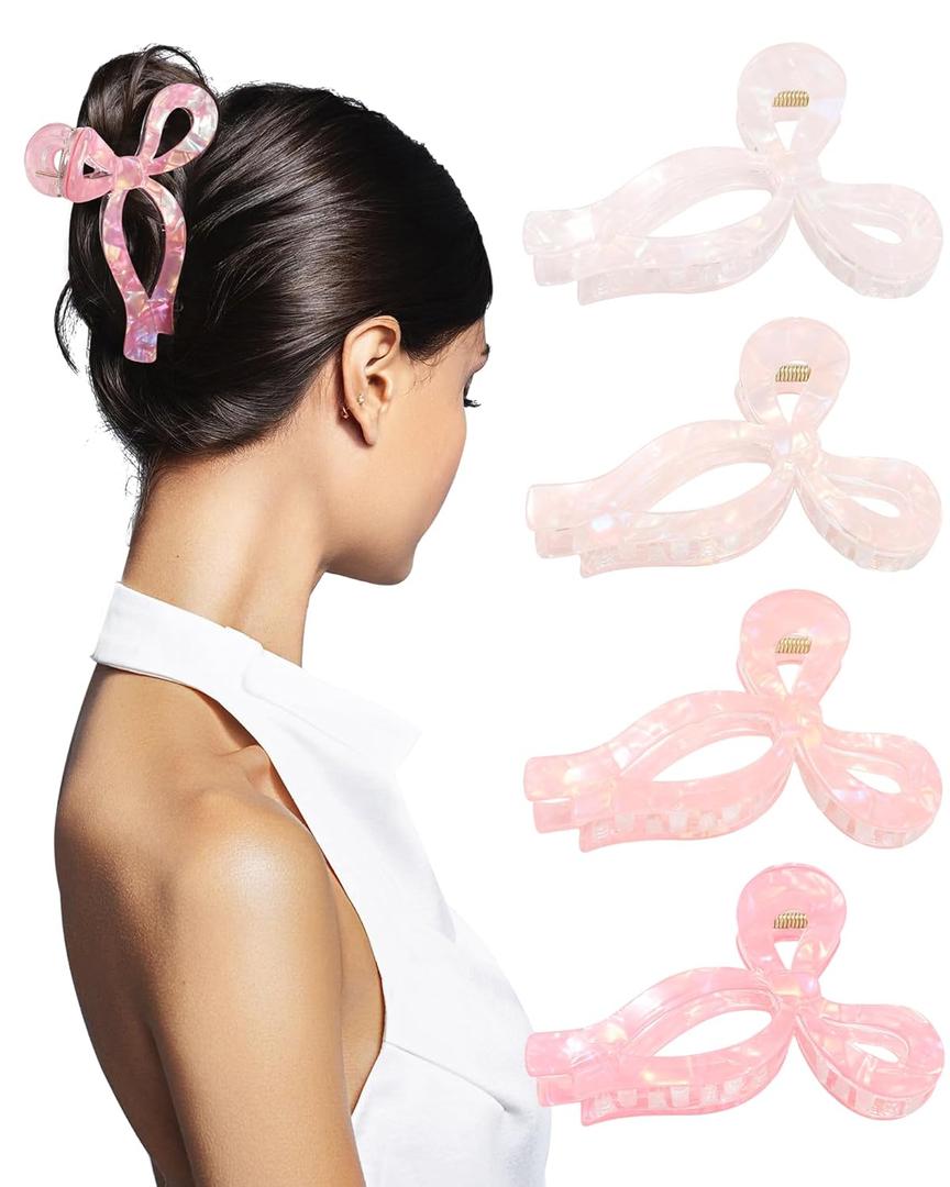 4 PCS Acrylic Bow Hair Clips for Women Bow Cute Claw Clip 4.3" Large Hair Claw Clips for Thick or Long Hair Bows Jaw Clip Mother’s Day Gift for Mom