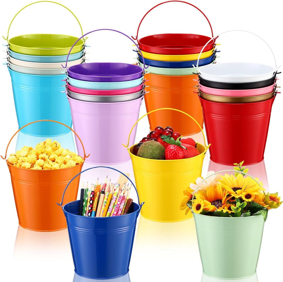 Bokon 24 Pack Colored Metal Small Bucket with Handle 6 x 4.3 x 5 Inch Galvanized Bucket Pail Bulk for Ice Tin Can Classroom Crafts Party Favor Decoration Table Centerpieces Easter Wedding Birthday