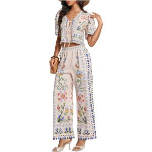 WDIRARA Women's Boho Floral 2 Piece Palazzo Pants Set Short Sleeve Blouse (Pink, XL)