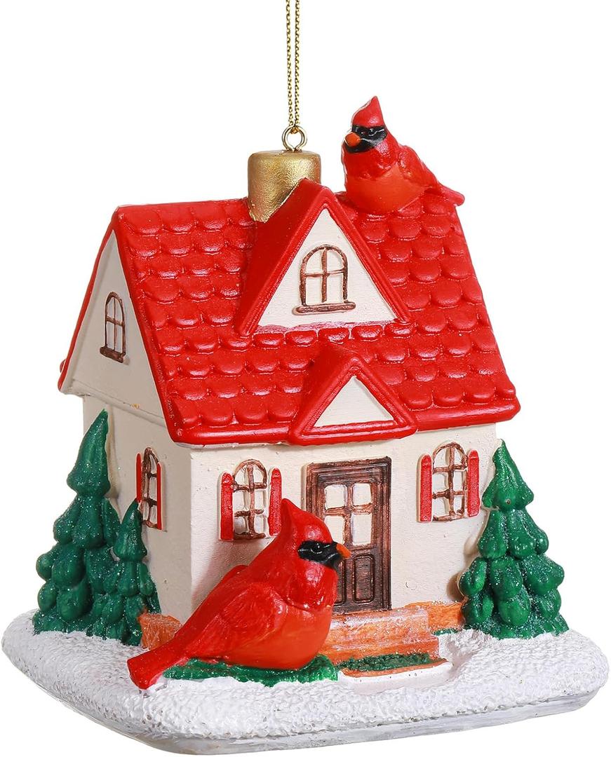 Thyle Cardinal Birdhouse Christmas Ornament Hand Painted House Ornament with Red Bird Tree Cardinal House Table Centerpiece Vintage Gifts for Holiday Christmas Tree Winter Home Decoration