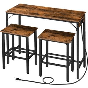 HOOBRO Bar Table and Chairs Set, 47.2" Dining Table Set with Power Outlet, 3-Piece Pub Table Set, Kitchen Bar Height Table with Stools of 2, Space Saving for Living Room, Rustic Brown BF46UBT01