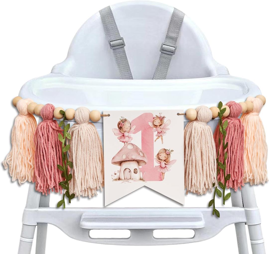 ZAIBIANHAO Fairy High Chair Banner - Mushroom Wildflower Highchair Banner,Yarn Tassel Fairy First Birthday Decoration,Cake Smash Flower Garland Party Supplies
