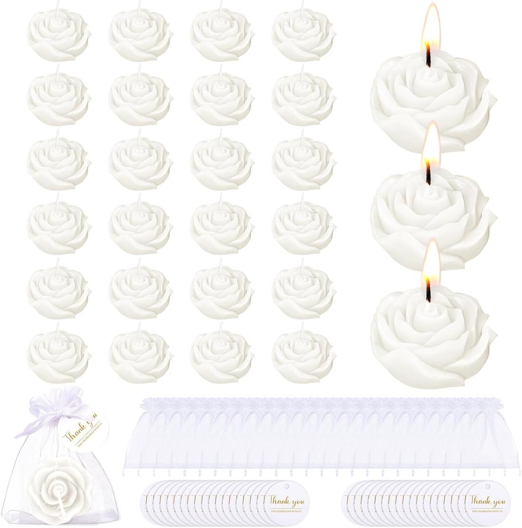 Treela 24 Set Flower Candles Wedding Favor for Guests Mini White Rose Shaped Tealight Candles for Return Gift Wedding Birthday Bridal Shower Housewarming Party