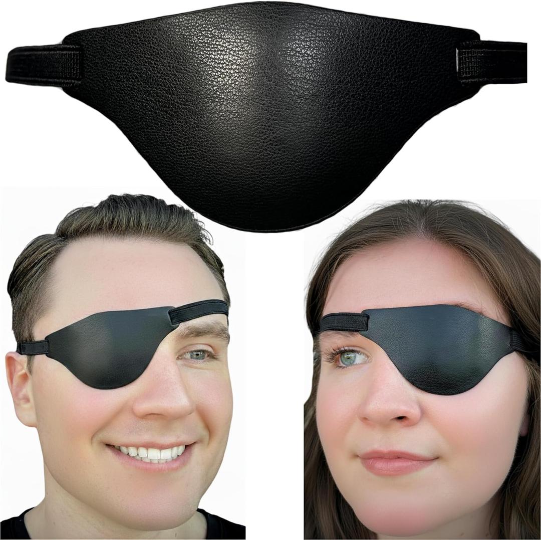 Black Leather Eye Patch with Adjustable Band and Concave Design - Comfortable Medical Eye Patch for Left or Right Eye