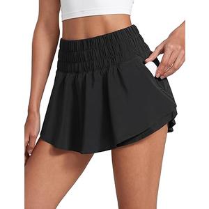 Ruffle Skirt Overlay Athletic Shorts for Women - High Waisted Flowy for Workout Running Tennis with Zip Pocket, Black , Size XXS