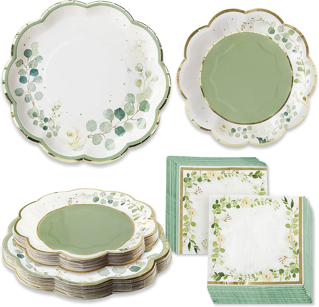 Kate Aspen Sage Green Party Decorations, Eucalyptus Floral Botanical Garden 62 Piece Plates and Napkins Party Supplies (16 Guests) Greenery Baby Shower Decorations & Bridal Shower Decor